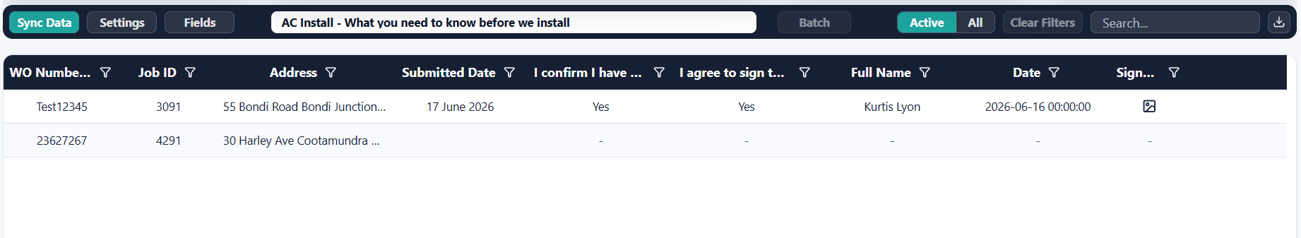 ProjectFlow form response table showing ServiceM8 form answers across multiple jobs