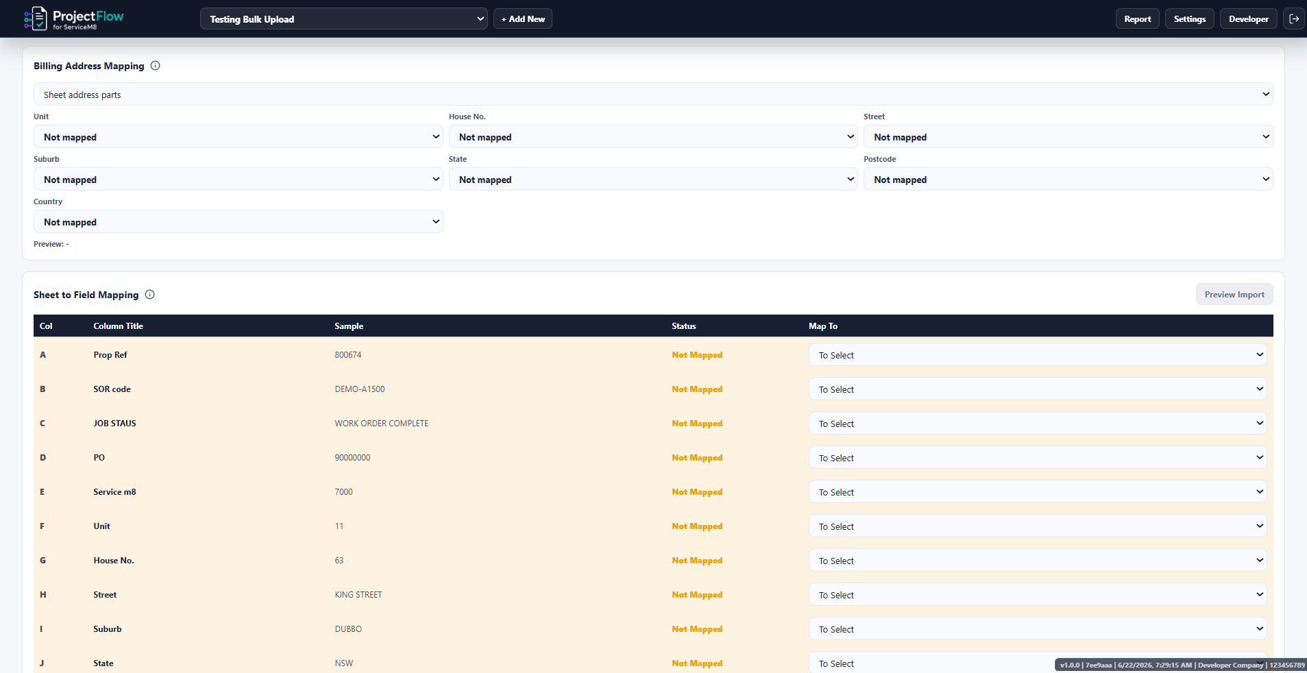CSV column mapping screen for bulk uploading ServiceM8 jobs