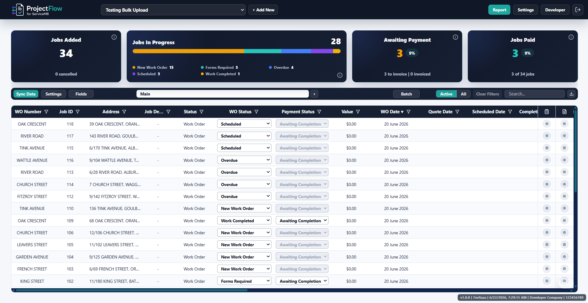 ProjectFlow live table showing ServiceM8 work orders, statuses, form completion and document generation