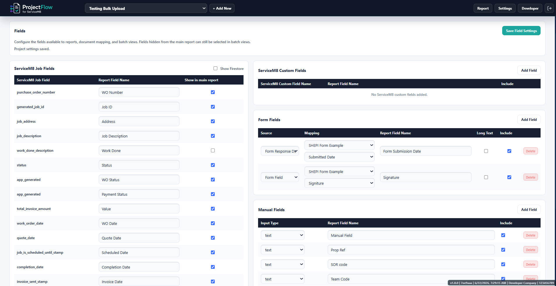 ServiceM8 project dashboard with grouped jobs, schedules, statuses, forms and document tracking